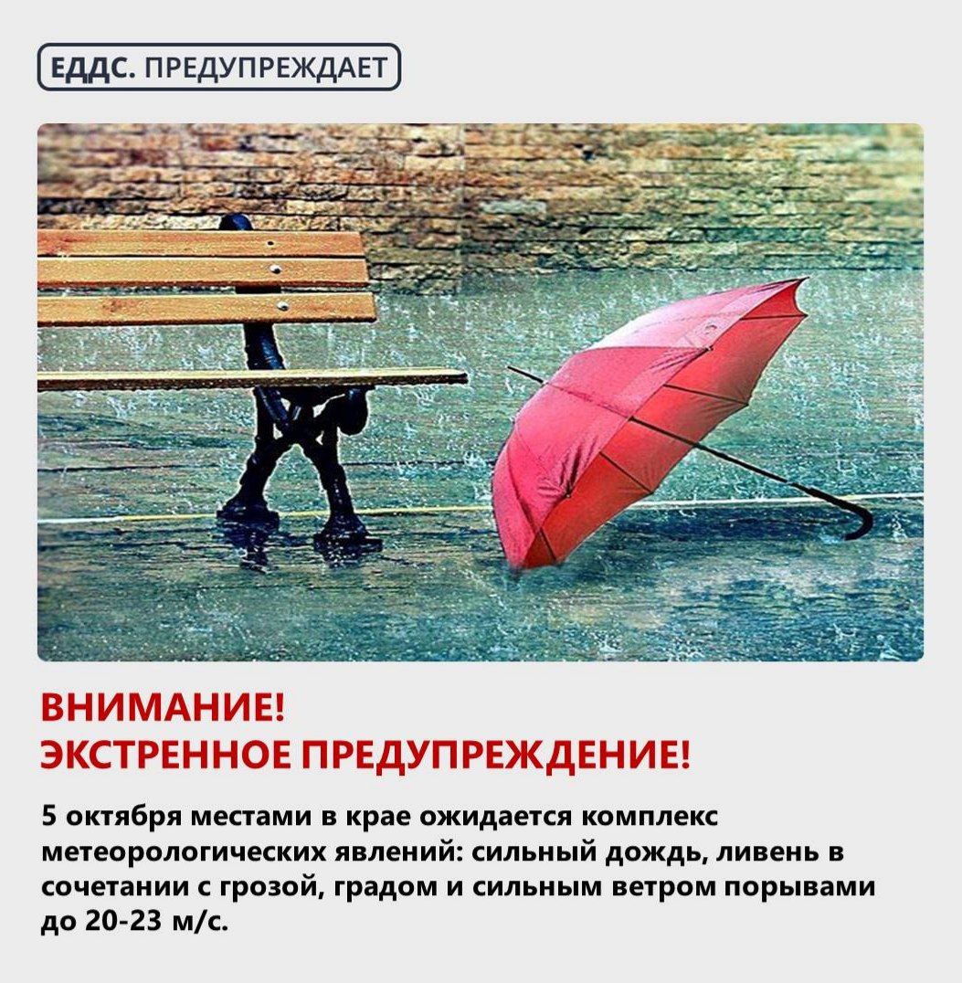 Внимание Экстренное предупреждение 5 октября местами в крае ожидается комплекс метеорологических явлений сильный дождь ливень в сочетании с грозой градом и сильным ветром порывами до 20 23 м с В случае возникновения чрезвычайных ситуаций звонить по Единому номеру вызова экстренных служб 112 набор по городскому и мобильному телефонам Перейти в наш канал МАХ Подпишись поделись krasnodarkray1 Прислать видео новость