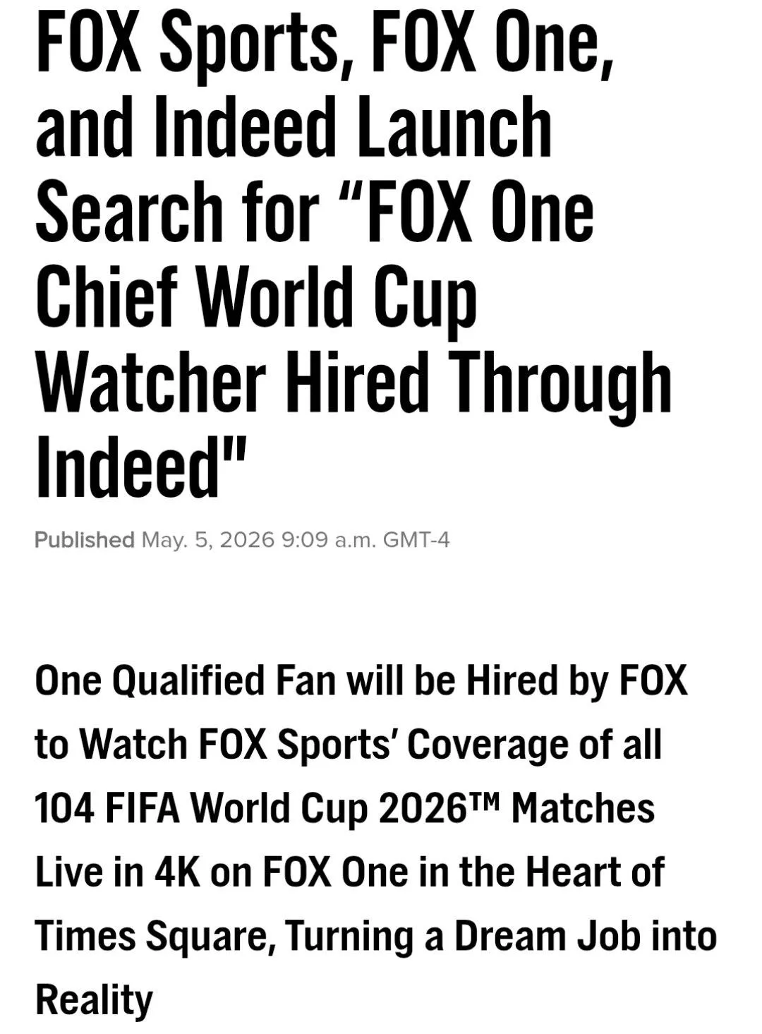 Fox Sports ищет кандидата который посмотрит все 104 матча чемпионата мира по футболу 2026 года за 50 тыс Для этого оборудуют персональное рабочее место с 4K телевизором удобным креслом и снеками Работа продлится с июня по июль во время матчей нужно будет делиться мнением эмоциями и публиковать посты в соцсетях Подать заявку может любой ограничений по стране или гражданству нет Приём резюме начнётся 17 мая Похоже работа мечты действительно существует