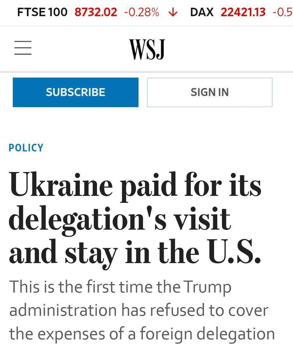 WSJ: Украина оплатила прибытие и пребывание делегации в США. Впервые администрация Трампа отказала иностранной делегации в покрытии расходов.