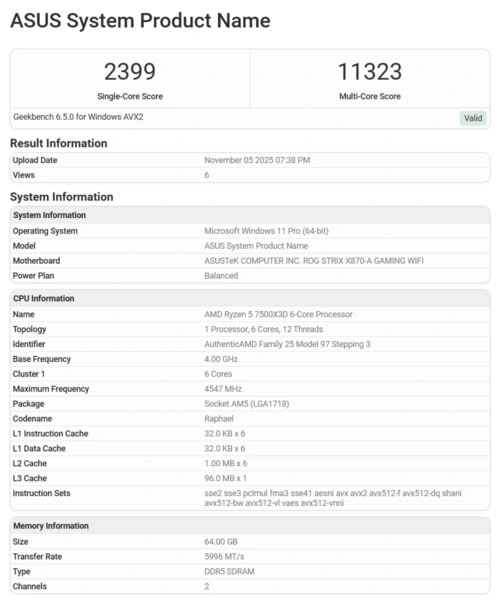 Ryzen 7500X3D засветился в Geekbench В базе Geekbench появились результаты тестирования бюджетного AMD Ryzen 7500X3D который станет доступным вариантом в линейке чипов с 3D V Cache под сокет AM5 Ключевые детали   Характеристики Ryzen 7500X3D Ядра потоки 6 12 Базовая частота 4 0 ГГц Boost до 4 5 ГГц Сокет AM5 Архитектура Zen 4 3D V Cache Geekbench результаты Single core 2399 баллов 7 8 от Ryzen 7600X3D Multi core 11 323 балла 8 3 от Ryzen 7600X3D Если разница в производительности всего 8 стоит ли переплачивать за старшую модель Заказать сборку ПК в InterPC Наши каналы Аmd