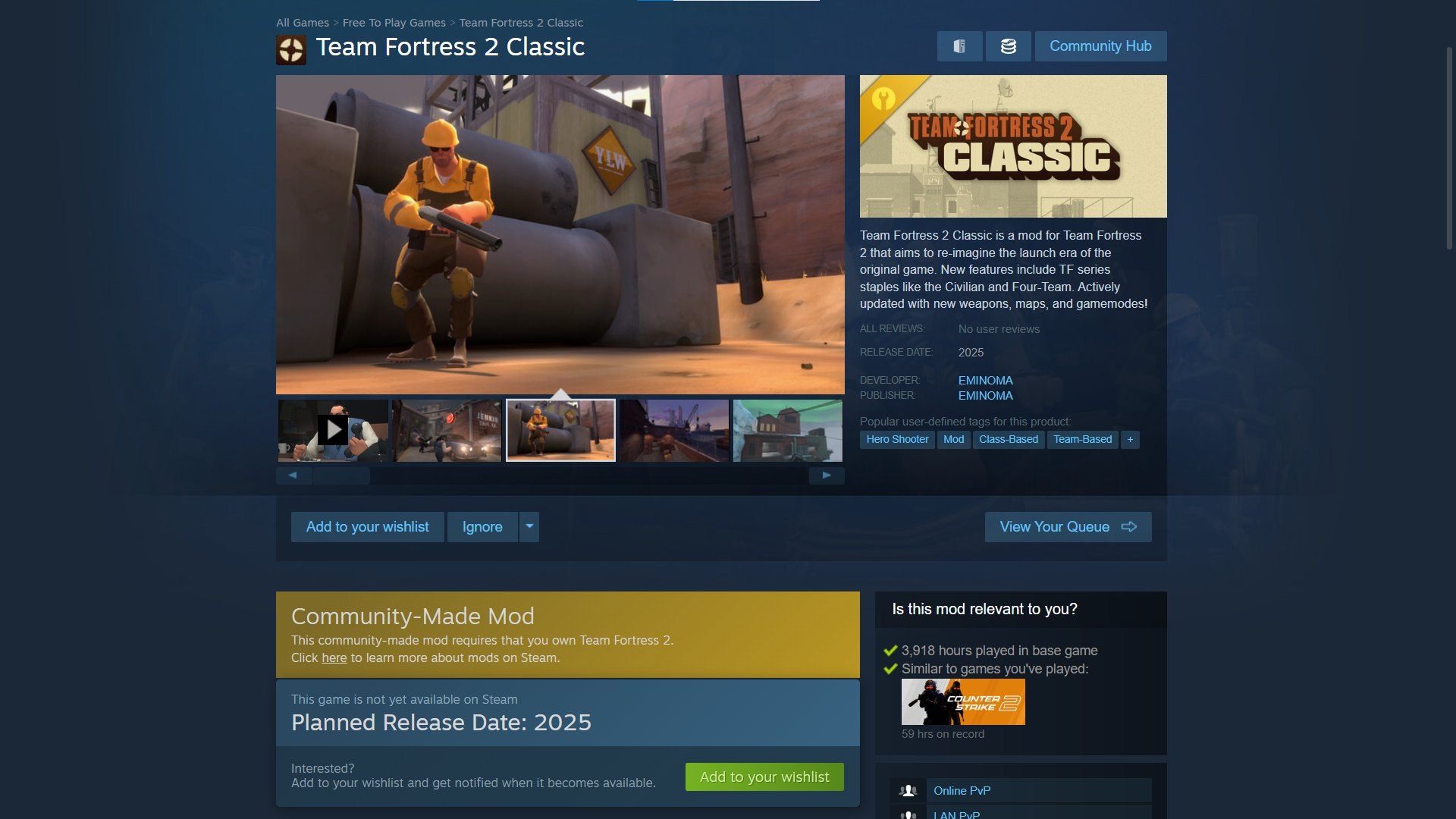 Страница Team Fortress 2 Classic стала доступна в Steam благодаря выходу SDK.  Ранее проект основывался на утекшем коде версии TF2 за 2017 год, что делало невозможным его выпуск в магазине Valve.  Запуск ожидается в 2025 году.