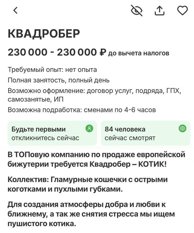 Квадробера с зарплатой 230 тысяч рублей ищут в Москве.  Кандидату нужно будет повышать настроение сотрудников, мурчать и давать гладить пузико.  Требование: гладкая шерсть и умение ходить в лоток. Также компания готова оплатить психолога и стилиста.  Как дела на заводе?   У нас интересно    Подпишись