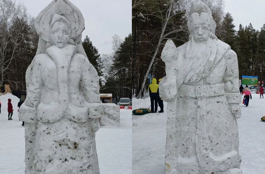 Новосибирцев возмутили фигуры Деда Мороза и Снегурочки из снега и грязи  Местные жители считают, что художник постарлся, но исходный материал все портит.  Фото: Щ, Академ и окрестности