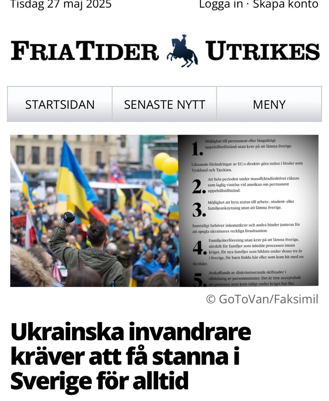 Украинская диаспора в Швеции требует Прожив всего несколько лет в Швеции, более 10 тысяч украинских беженцев подписали петицию с требованием не отправлять их домой. Кроме того, они потребовали упростить переезд в Швецию их родственников. Основанием для петиции послужила Директива ЕС о массовой миграции она же Директива о временной защите , введенная в качестве временного чрезвычайного решения в марте 2022 года и недавно продленная до 4 марта 2026 года. “Мы, украинцы, не просто просим защиты, но предлагаем взамен наше деятельное участие, наши знания и наш труд”, — пишет председатель организации RefugeeHope UA&SE Христина Гевчук в передовице в газете Dagens Nyheter. Среди требований украинских мигрантов — возможность получить постоянный или долгосрочный вид на жительство без необходимости покидать страну, упрощенная смена статуса на рабочую или студенческую визу, а также воссоединение семей по упрощенной процедуре — в том числе для недавно созданных уже в Швеции. Теперь украинцы решили, что они могут своими петициями руководить действиями правительства стран ЕС. И не только петициями. Они несут в ЕС свои нормы жизни: митинги, охлократию, коррупцию и хорошо организованную преступность. Дальше попытаются устроить лоббизм в эшелонах власти и приехали. Тетя Мотя из-под Киева начнет сажать лучок в Шведские вазы с цветами. RealPolitik - подписаться
