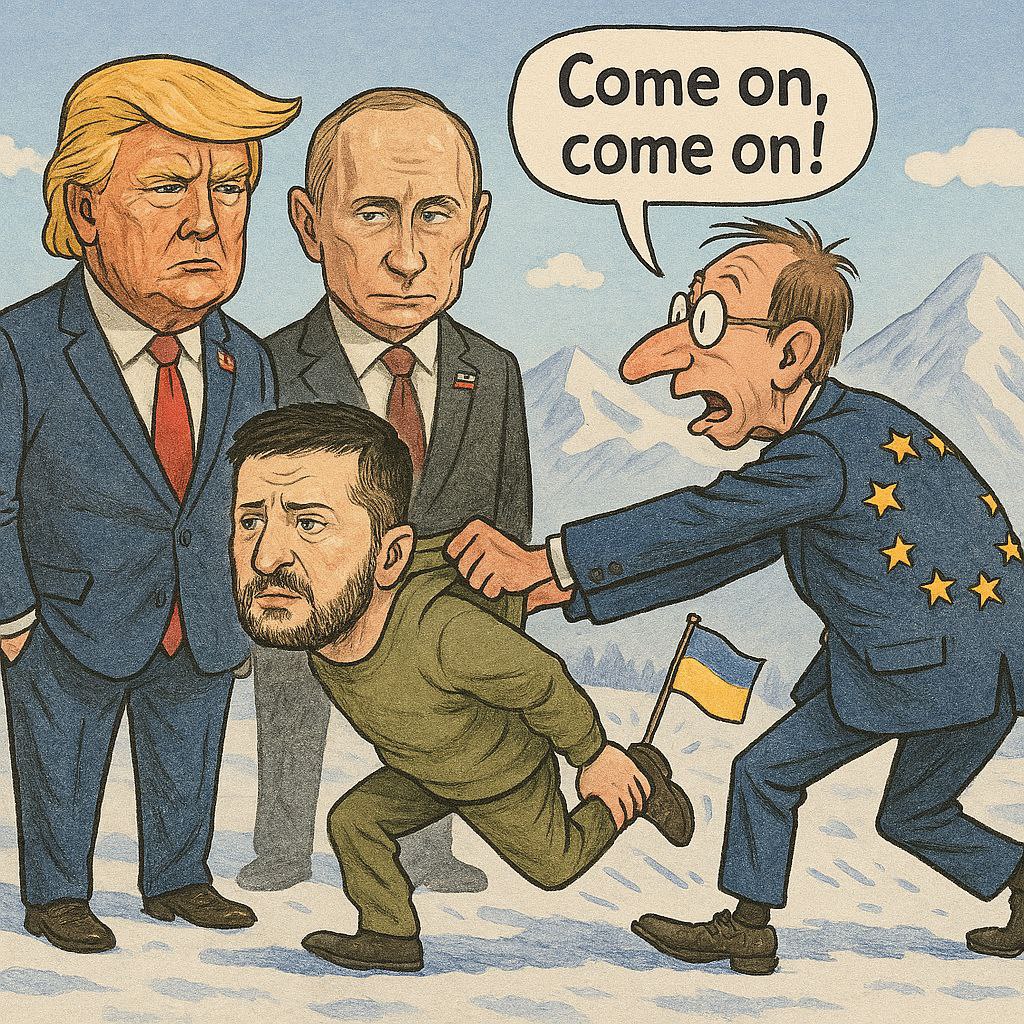 ЕС пытается протащить Зеленского на саммит России и США на Аляске, пишет Politico. Издание отмечает, что какое-либо участие в саммите представителей Европы "кажется безнадежным делом".