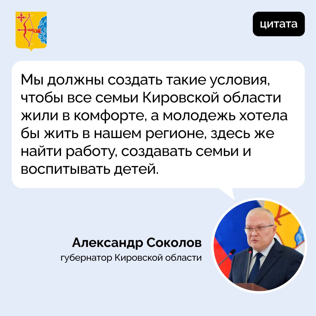 Главная цель развития Кировской области высокое качество жизни комфорт и благополучие семей Об этом сообщил губернатор Александр Соколов во время ежегодного послания о социально экономическом положении региона Мы должны создать такие условия чтобы все семьи Кировской области жили в комфорте а молодежь хотела бы жить в нашем регионе здесь же найти работу создавать семьи и воспитывать детей сказал Александр Соколов Для этого мы создаем полноценную инфраструктуру детства Строим и ремонтируем школы садики поликлиники создаем места для получения детьми и молодыми людьми дополнительного образования В 2025 году в Кирове открыли двери пять новых зданий школ и два детских сада В Слободском до конца сентября будет введена в эксплуатацию большая детская поликлиника В ближайшие три года будут введены в эксплуатацию еще шесть школ и пять детских садов Кроме того идут ремонты образовательных учреждений До конца этого года будут отремонтированы 12 школ два детских сада и три техникума А в ближайшие три года еще 78 объектов 58 школ 16 детских садов и четыре техникума Напомним Президент России Владимир Путин назвал поддержку рождаемости и сохранение семейных ценностей приоритетной национальной задачей