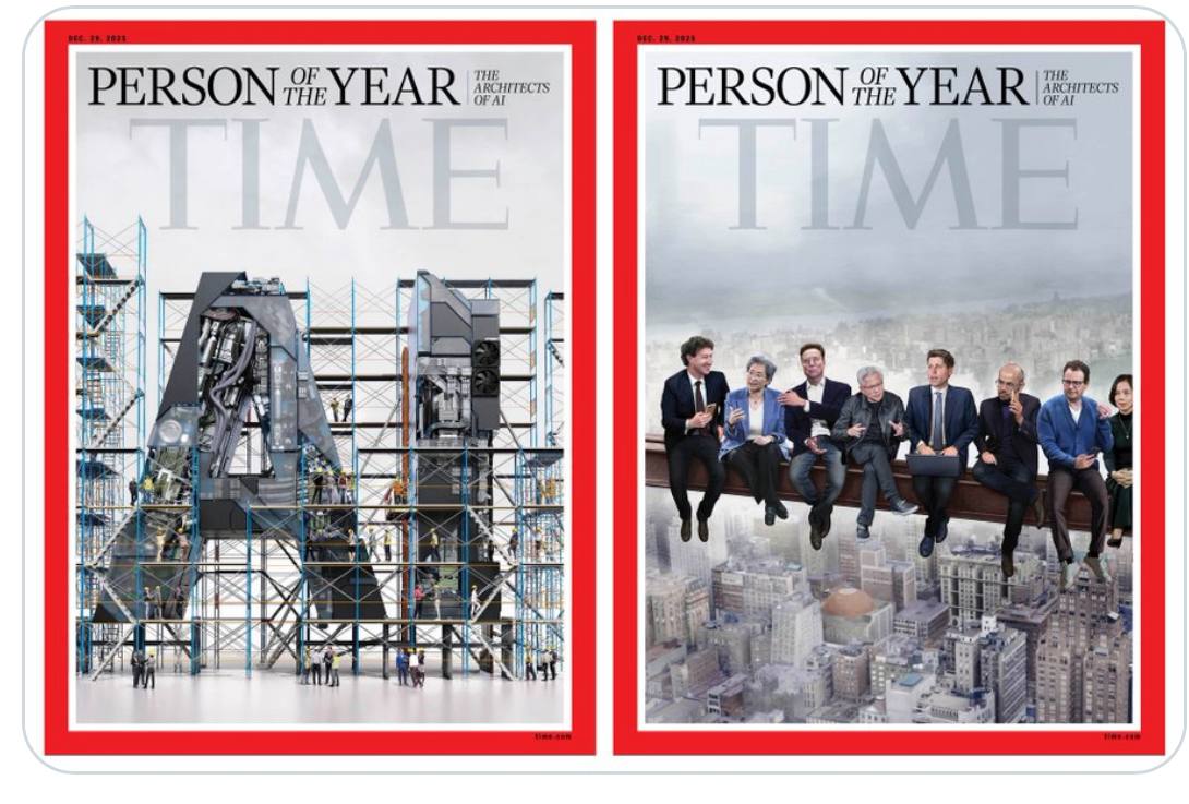 Человеком года стали создатели ии На обложку попали сразу несколько человек Марк Цукерберг Илон Маск гендир AMD Лиза Су глава Nvidia Дженсен Хуанг руководитель OpenAI Сэм Альтман гендиректор DeepMind Демис Хассабис руководитель Anthropic Дарио Амодей основательница ImageNet Фэй Фэй Ли На обложке они сидят на стальной балке как на легендарном фото 1932 года Обед на небоскребе 2025 год стал годом когда весь потенциал искусственного интеллекта проявился во всей своей полноте и стало ясно что пути назад уже нет объяснили свой выбор авторы The Time Moneyhack