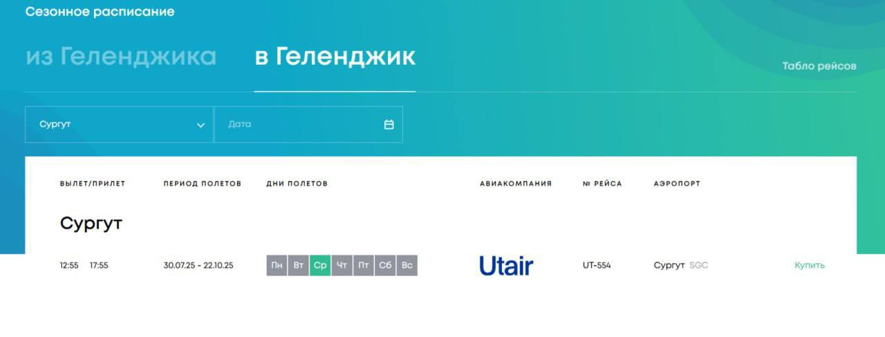 Из Сургута запускают новые рейсы в Геленджик Utair с 30 июля начнет выполнять авиайрейсы по маршруту «Сургут — Геленджик». Рейсы будут выполняться по средам. Стоимость билета — от 22 115 рублей. ________ Ura.ru