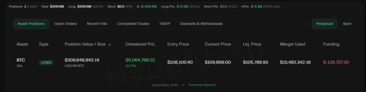 На Hyperliquid появился подражатель Джеймса Уинна Он открыл лонг по BTC на $287 млн и сейчас в небольшом профите на $1,9 млн. В отличие от Джеймса, этот подражатель пока торгует в профит
