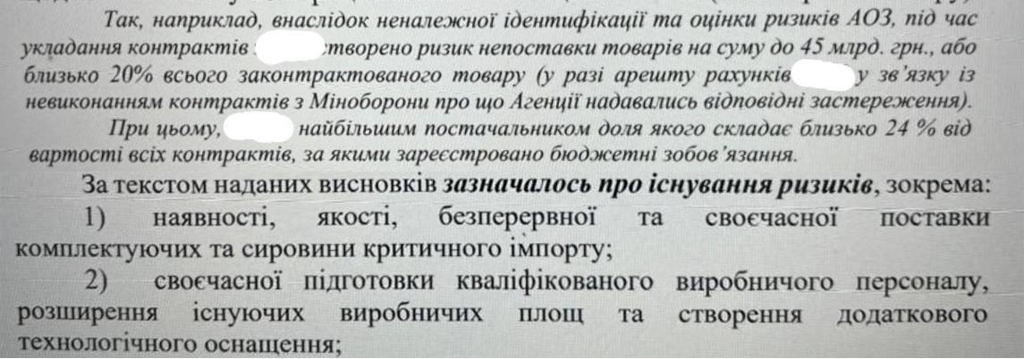 Поставка боеприпасов в ВСУ на 45 млрд гривен оказалась под угрозой срыва.  Об этом сообщает нардеп Гончаренко со ссылкой на внутренний аудит Минобороны, который пришел к такому выводу еще в июле.  "То есть деньги заплатили – а где товар? Нету. Мало того, что вся партия бракованняа. Так они еще сорвали контракт", - пишет депутат, который призывает уволить министра обороны Умерова.  Напомним, что Минобороны расследует поставку в армию бракованных 120-мм мин. По данным СМИ, речь идет о партии в минимум 100 тыс. боеприпасов.  Сайт "Страна"   X/Twitter   Прислать новость/фото/видео   Реклама на канале   Помощь