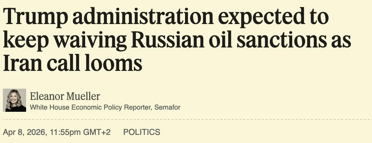 Ослабление санкций в отношении российской нефти могут продлить США пишет Semafor Ожидается что аналогичные меры будут приняты по отношению к иранской нефти чтобы стабилизировать мировые поставки и сдержать рост цен на топливо Ранее Минфин США уже разрешил продажу ранее попавшей под ограничения российской и иранской нефти находящейся в пути до 11 и 19 апреля соответственно Подписывайтесь на BFM И в MAX