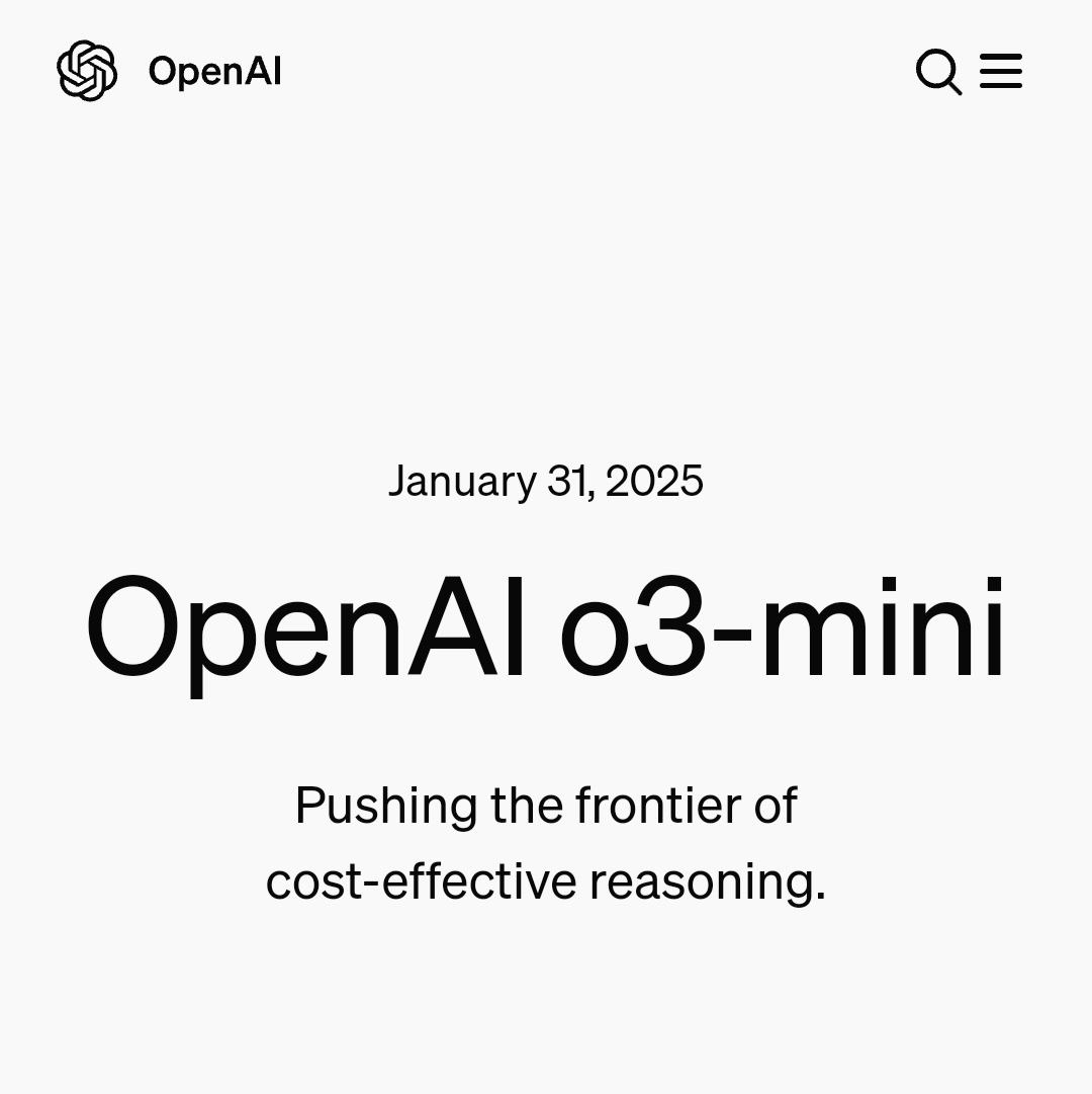 OpenAI открыли доступ к модели o3-mini и ее «усиленной» версии o3-mini-high. Они превосходно подходят для программирования, решения научных задач и любых вопросов, требующих больше рассуждений, заявляют разработчики.  o3-mini по возможностям сопоставима с o1, при этом дешевле, а o3-mini-high превосходит o1.  o3-mini можно попробовать бесплатно, подпиской Plus лимит — 150 запросов в день, с Pro — неограниченный доступ к o3-mini и o3-mini-high.     Ждем сравнения с DeepSeek-R1 и релиза полноценной o3.