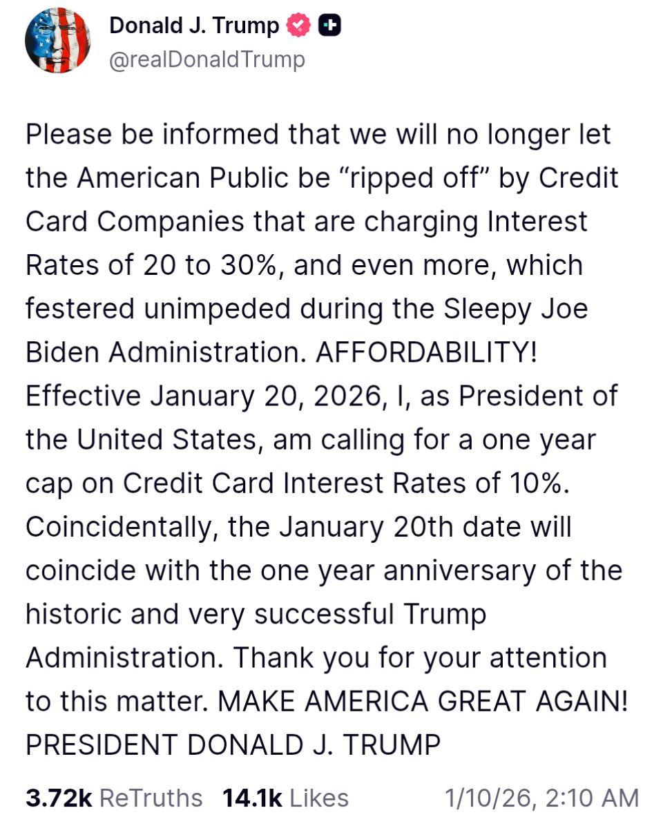 Трамп объявил о введении максимальной процентной ставки 10 по кредитным картам с 20 января 2026 года Он заявил что не позволит грабить американцев ставками 20 30 bankoffo