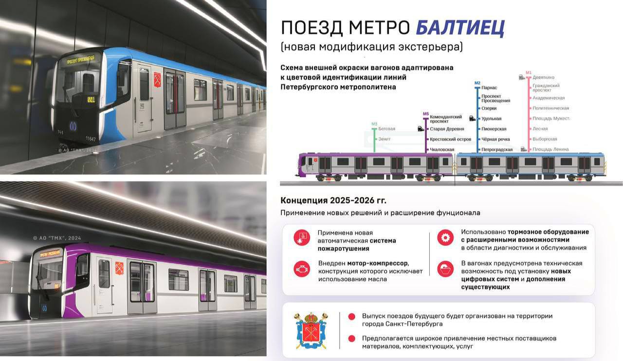 Петербуржцам показали новые поезда для синей и фиолетовой линий метро  Поставки новых «Балтийцев» на Московско-Петроградскую линию намечена на 2026 год. За фиолетовую ветку возьмутся уже в 2029-2030 годах.  Господа, как вам дизайн?