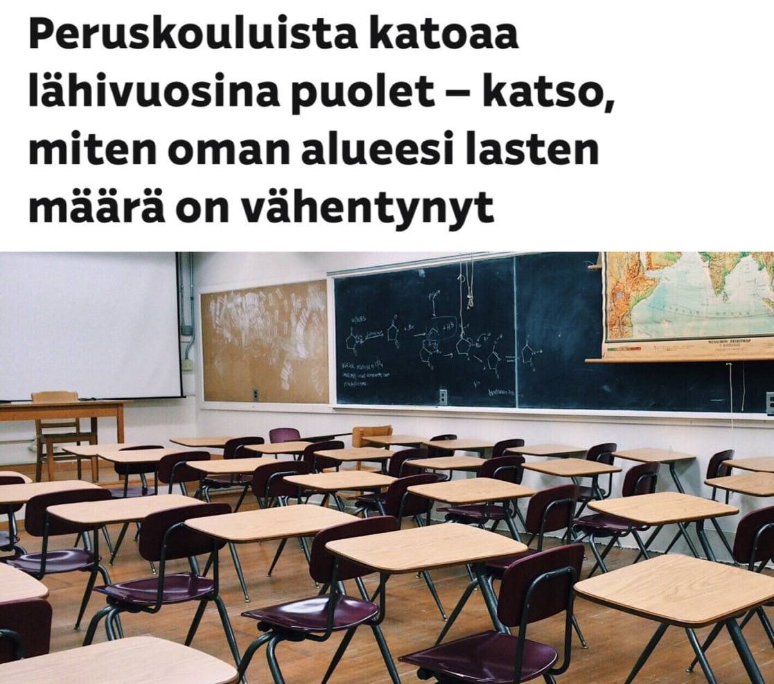 В Финляндии демография так резко пошла вниз что половина школ закроется в течение 15 лет К 2040 году в стране число школьников может сократиться на 100 тысяч человек Это может привести к закрытию почти половины школ Уже сейчас в Финляндии много населенных пунктов где есть только одна школа В ближайшие годы многие из них исчезнут а протяженность школьных маршрутов увеличится От Первого Лица Бусты