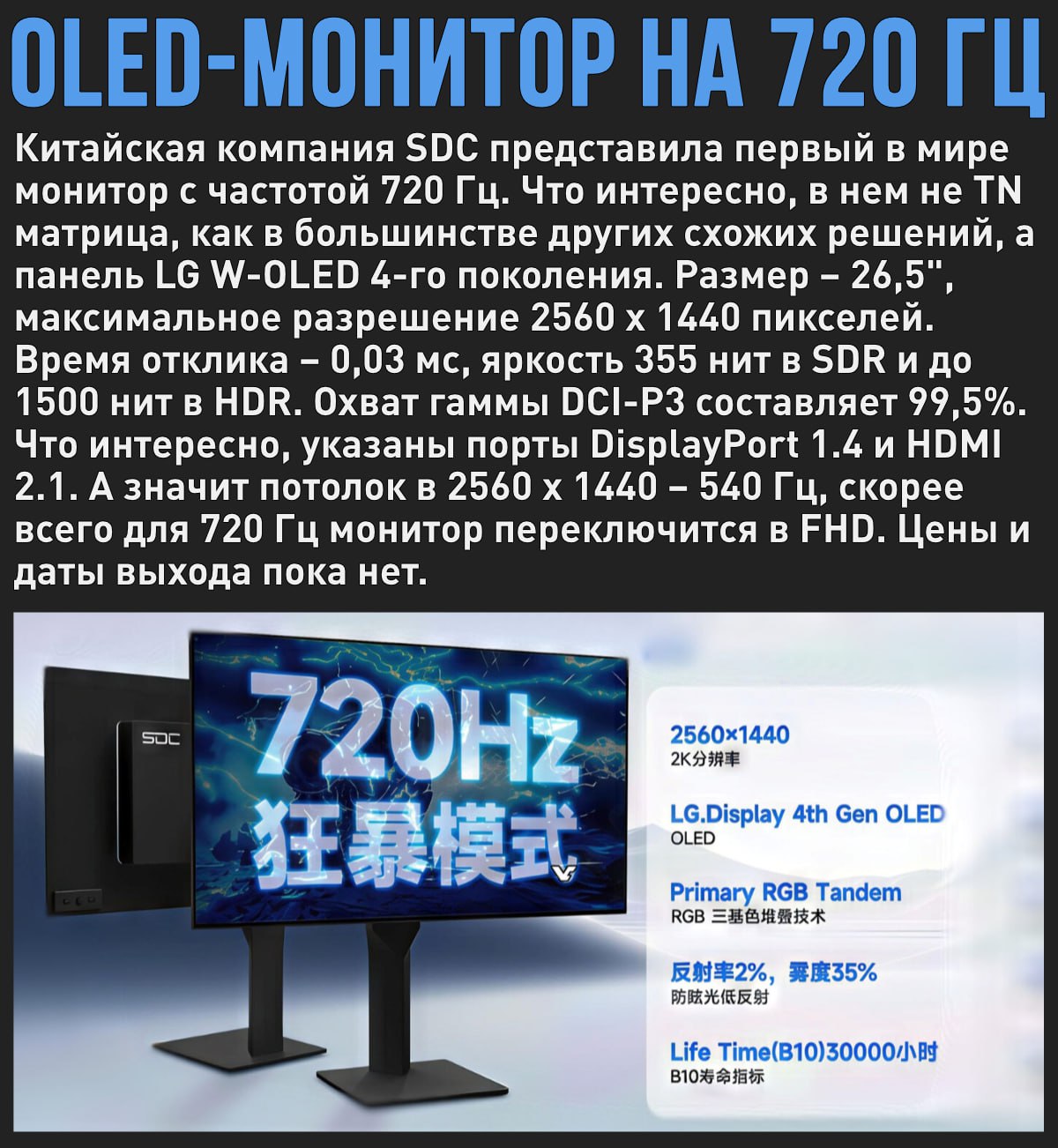 Компания SDC представила 27" QHD-монитор с рекордной частотой 720 Гц Мой Компьютер