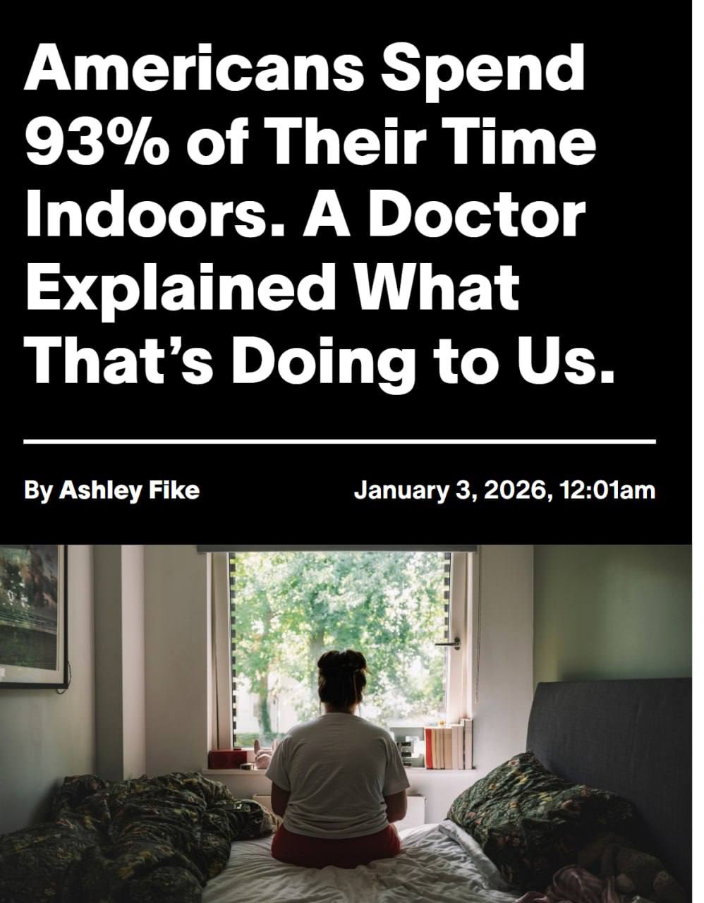 Под конец Новогодних выходных ученые выдумали Цифровое ожирение Безвылазное нахождение дома вызывает тревогу ломает психику и затуманивает разум врачи бьют тревогу Эксперты подсчитали что люди проводят в помещениях до 93 времени это прозвали цифровым ожирением Экраны искусственный свет и постоянная умственная нагрузка держат нервную систему в режиме тревоги почти весь день не давая ей восстановиться Для перезагрузки мозгу жизненно необходимы дневной свет свежий воздух темнота ночью и возможность смотреть вдаль а не в телефон Всего 100 минут в день на свежем воздухе заметно улучшают сон концентрацию настроение и общее состояние организма