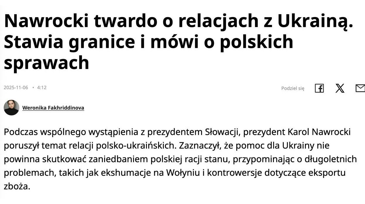 Президент Польши обвинил Украину в неблагодарности Президент Польши Анджей Дуда заявил о неблагодарности Украины и потребовал решения вопросов эксгумации на Волыни и сельскохозяйственного кризиса передает ArbatMedia По словам польского лидера несмотря на поддержку Украины после начала конфликта с Россией Варшава не должна отказываться от защиты собственных интересов Он подчеркнул что польская помощь не означает что можно игнорировать важные для страны темы Помощь Украине и наличие четкой позиции относительно того кого мы поддерживаем в этом конфликте после нападения Российской Федерации на Украину не освобождают меня как президента Польши от необходимости требовать решения польских вопросов на международной арене в отношениях с Украиной Отсутствие благодарности по отношению к польскому народу нераскрытые дела об эксгумации на Волыни и сельскохозяйственный кризис захлестнувший Польшу это вопросы которые остаются важными сказал Дуда Прислать новость