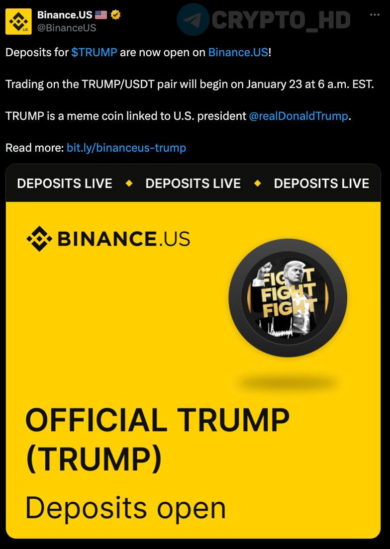 Биржа Binance US объявила о листинге мемкоина #TRUMP  23 января 14:00 мск  – twitter  Crypto Headlines