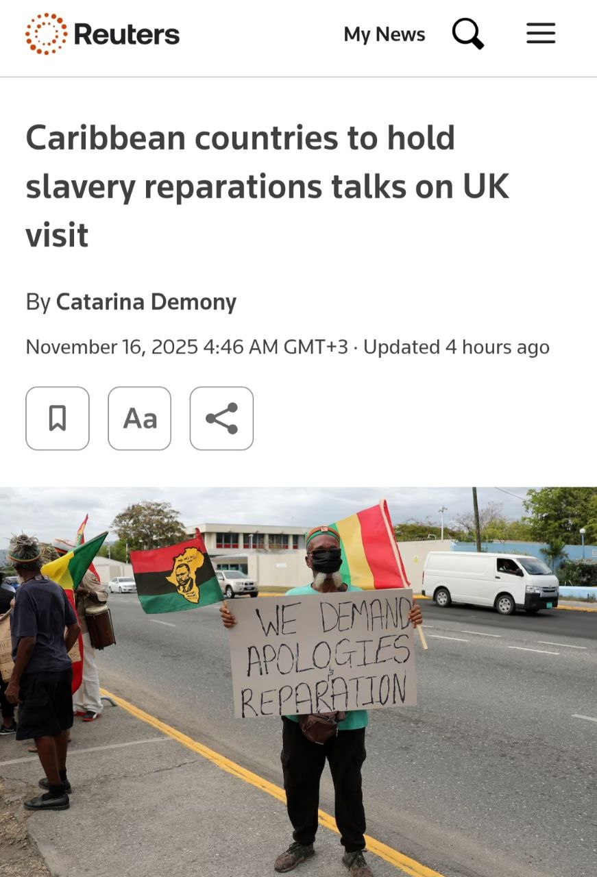 Делегация стран Карибского сообщества проведут переговоры с Великобританией по поводу репараций за рабство Reuters Делегация посетит Великобританию с 17 по 20 ноября для переговоров с официальными лицами по вопросам устранения исторической несправедливости рабства обсуждение компенсации ущерба нанесенного этим странам трансатлантической работорговлей и эксплуатацией рабского труда включая требования извинений списания долгов образовательных программ и компенсаций Размер репараций пока неясен Как пишет издание списание всех долгов и порядка 500 миллиардов долларов выплаченная странам региона траншами за несколько десятков лет устроили бы страны Карибского бассейна но если Великобритания согласится на это то необходимо будет выплатить аналогичные компенсации странам Африканского союза и Индии Caucasian bureau