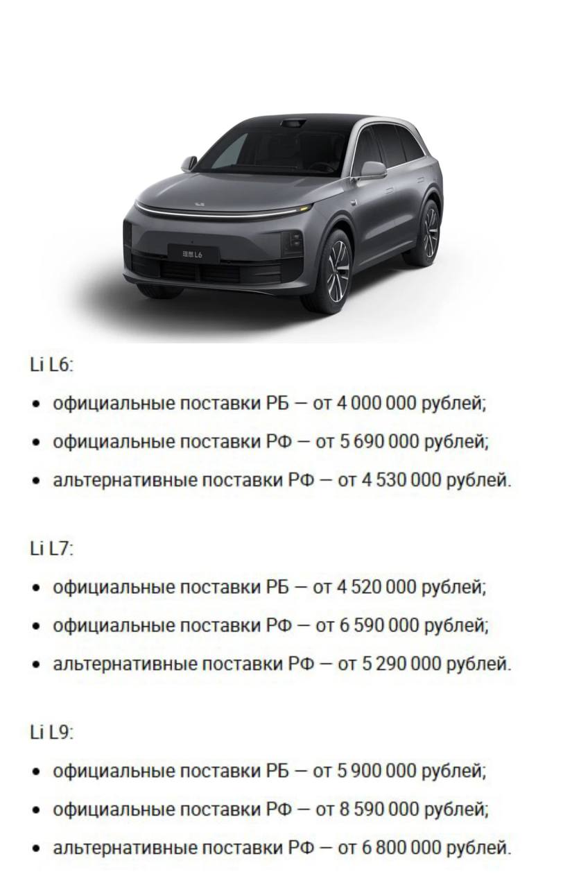 В Беларуси начались официальные продажи кроссоверов Li Auto, причем их стоимость значительно ниже, чем в России. Например, Li L6 в Беларуси доступен примерно за 4 миллиона рублей, в то время как в России его цена составляет 5,69 миллиона. Максимальная версия Li L9 предлагается за 5,9 миллиона рублей, тогда как в России аналогичная модель стоит 8,59 миллиона.