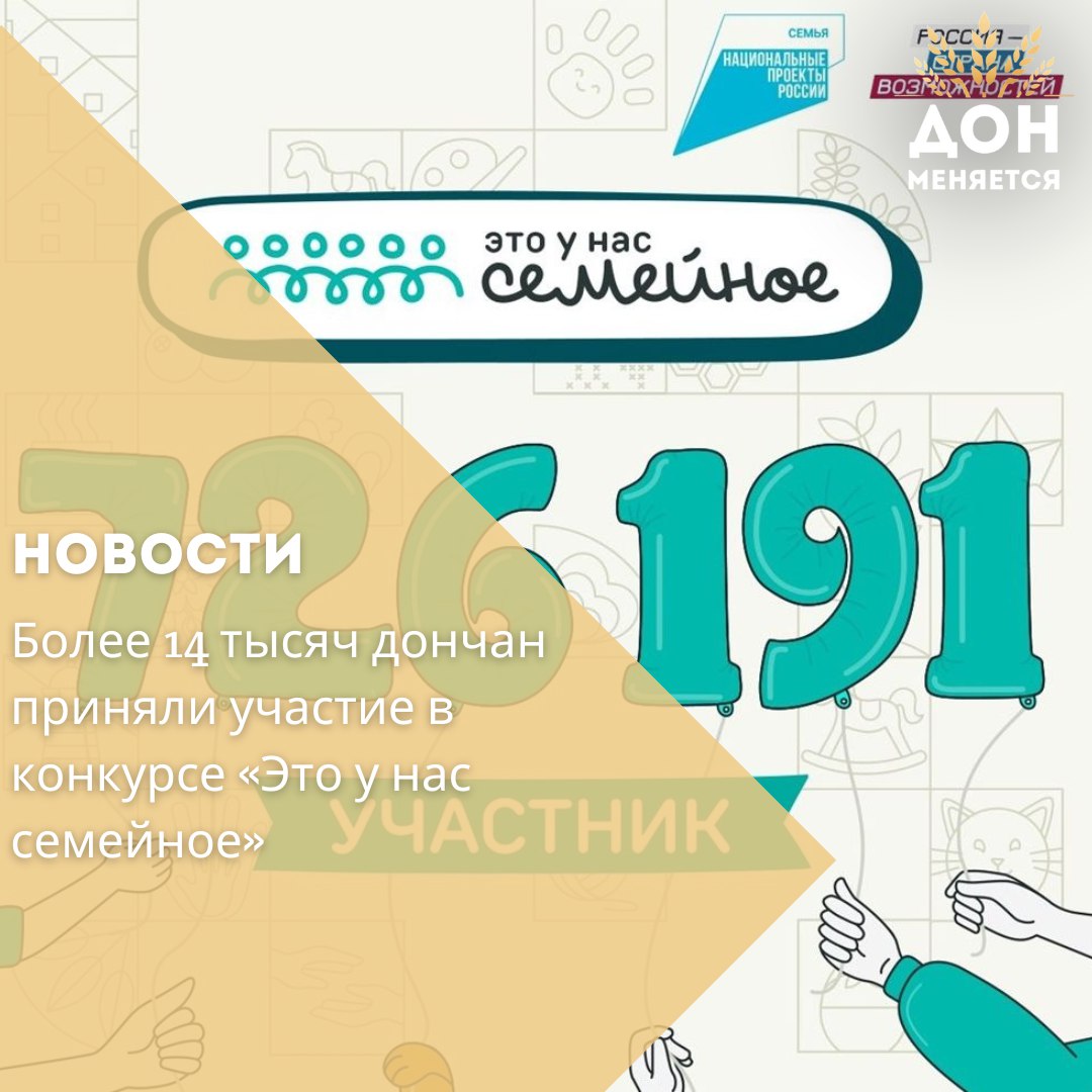 Второй сезон всероссийского конкурса Это у нас семейное собрал 14 7 тысячи участников из Ростовской области Регион занял второе место по числу регистраций в Южном федеральном округе Всего от Дона заявились 4457 семейных команд За три с половиной месяца на участие в конкурсе по всей стране подали заявки 726 тысяч человек Проект входит в национальный проект Семья и реализуется на платформе Россия страна возможностей Победители получат 60 сертификатов по 5 миллионов рублей на улучшение жилищных условий финалистов ждут семейные путешествия по России Сейчас участники проходят дистанционный этап Финальным заданием станет викторина по истории и культуре России завершится он 1 октября Затем определят полуфиналистов а финал состоится в День семьи любви и верности