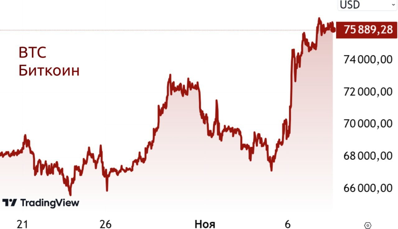Трамп отправит биткоин на Луну! Криптовалюты на взлёте    Биткоин бьёт рекорд и торгуется в районе $76,5 тыс.! За пару дней с момента президентских выборов в США криптовалюта выросла в цене на 12%, а за последний месяц и вовсе на 22%.    Трамп лучший друг всех криптоинвесторов. Ранее республиканец обещал «превратить США в мировую столицу криптовалют», разработать прозрачные нормативы для отрасли, а также создать национальный стратегический резерв биткоинов.     Новый президент США также пообещал налоговые льготы для компаний и граждан. Эксперты считают, что это увеличит ликвидность рынка. Ещё одна причина бычьего тренда - снижение ставки ФРС на 25 б.п. до 4,5%.    Западные инвестдома и профильные эксперты ожидают что биткоин продолжит расти и прогнозируют следующие значения к концу 2025 года:     Standard Chartered - $200 тыс.   Ned Davis Research - $121 тыс.   Bernstein - $200 тыс.   Investopedia - $126 тыс.   CoinDCX - $95-150 тыс.    Вместе с биткоином на этой неделе дорожают и большинство других популярных криптовалют:     Ethereum +16,5%   Solana +19,5%   Dogecoin +24%   Cardano + 26,1%