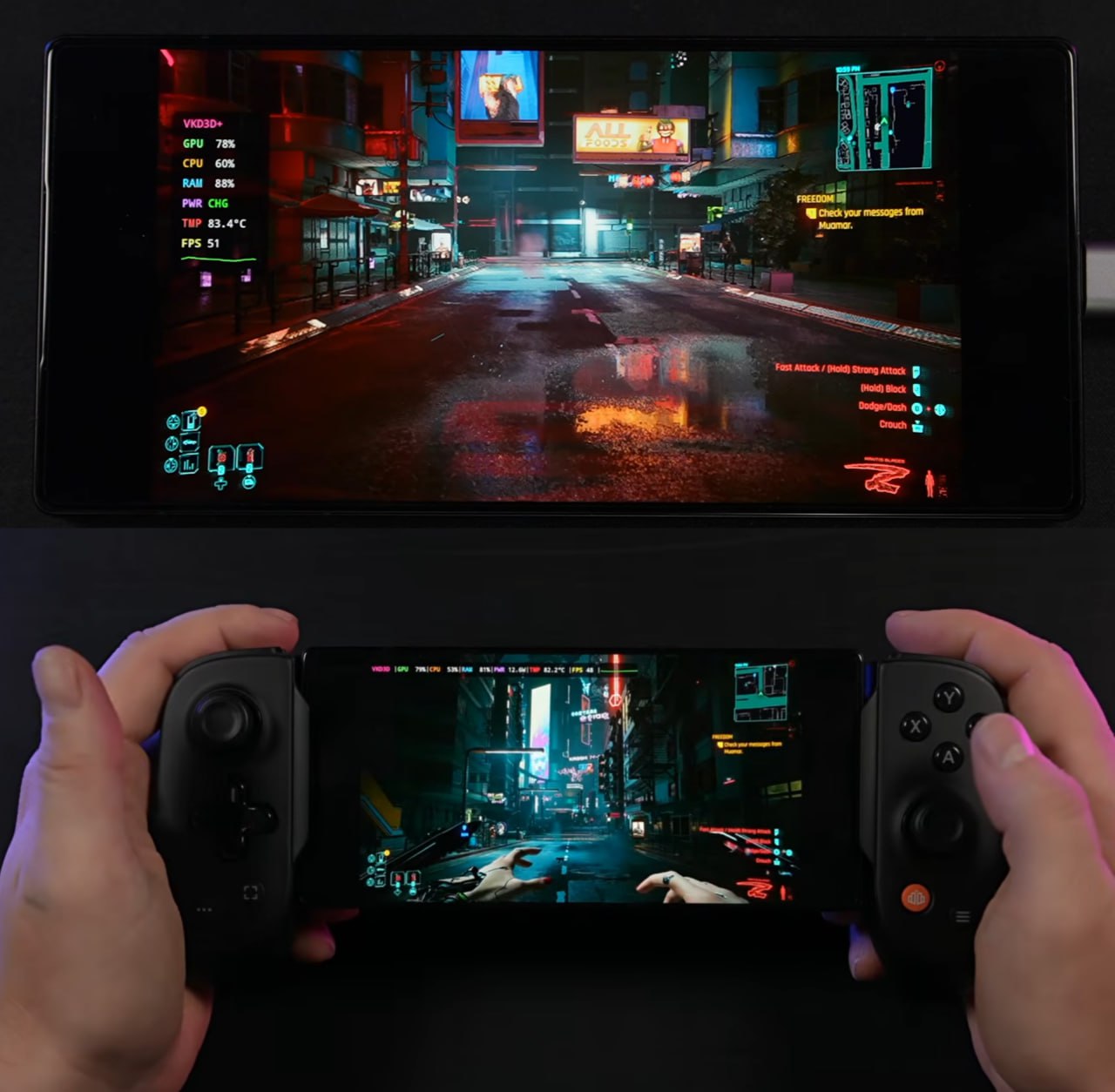 Cyberpunk 2077 запустили на смартфоне со Snapdragon 8 Elite Gen 5 Автор канала ETA PRIME запустил игру на Red Magic 11 Pro благодаря эмулятору GameHub от GameSir Смартфон имеет активное жидкостное охлаждение Она заработала на самых низких настройках графики в разрешении 720p и с FSR в режиме Balance В таком случае на ночной пустынной улице получается около 25 30 к с если включить генератор получается около 50 FPS На самом базовом уровне Snapdragon 8 Elite Gen 5 справляется с Cyberpunk 2077 и возможно будущие SOC позволят играть в эту игру уже заметно комфортнее Мой Компьютер