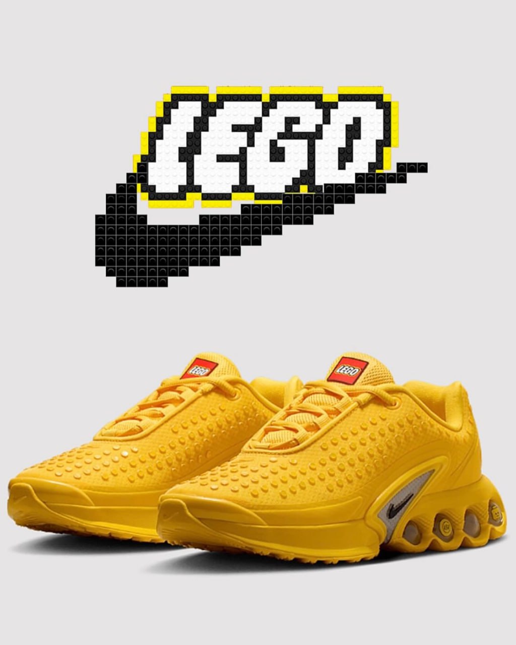 Nike выпустили кроссовки в коллабе с LEGO. Это модель Nike Air Max DN в ярко-жёлтом цвете с текстурой, напоминающей кирпичики конструктора. На подошве есть логотип LEGO и голова минифигурки Смайлика. Причём, коробке уделили особое внимание: её можно разделить и использовать как органайзер для хранения. Дроп запланирован на август, цена — в районе $200.