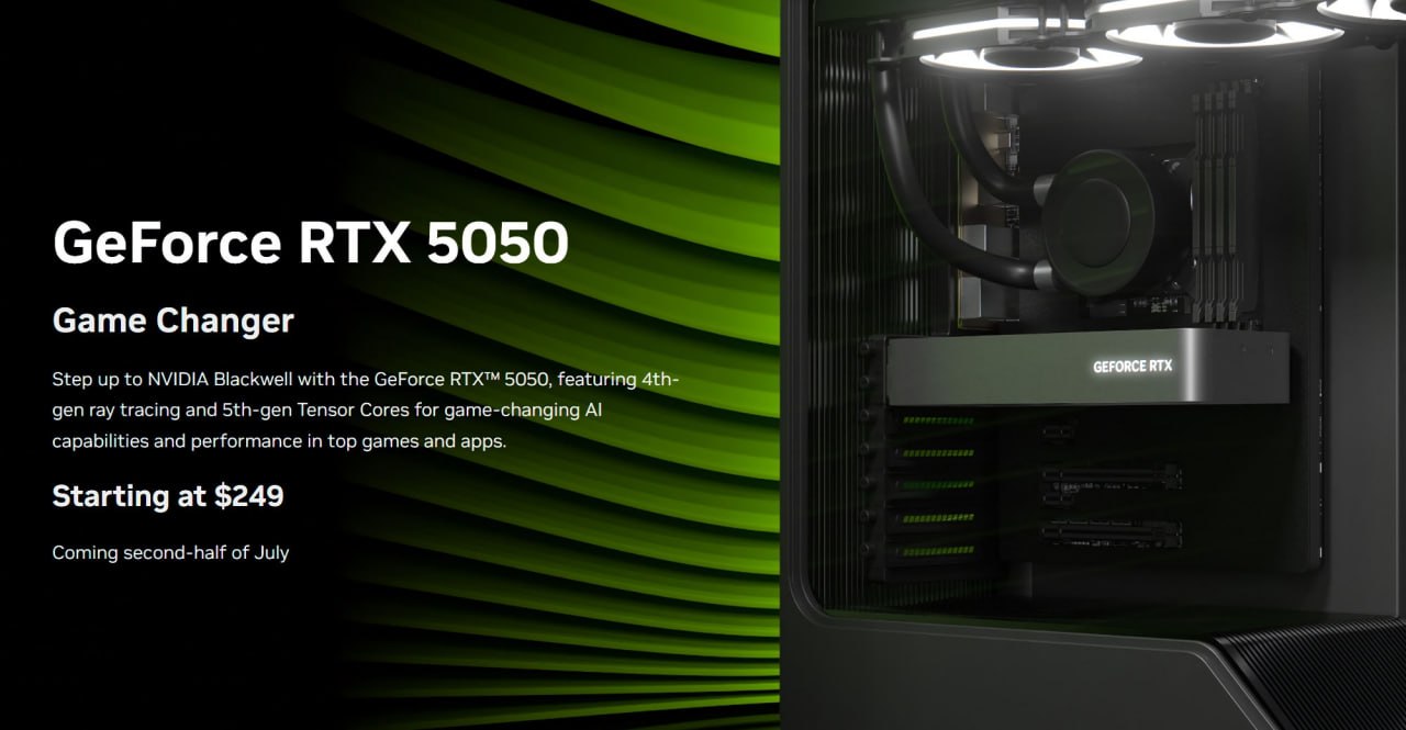 NVIDIA представила десктопную GeForce RTX 5050. Всего за $249 геймеры получат аж 2560 ядер CUDA, 8 Гб видеопамяти GDDR6, 128-битную шину и технологию DLSS 4. Еще одна народная видеокарта получается. - за свои $249 точно народная - лучше за $299 взять RTX 5060 - лучше взять другую модель - лучше взять AMD Radeon