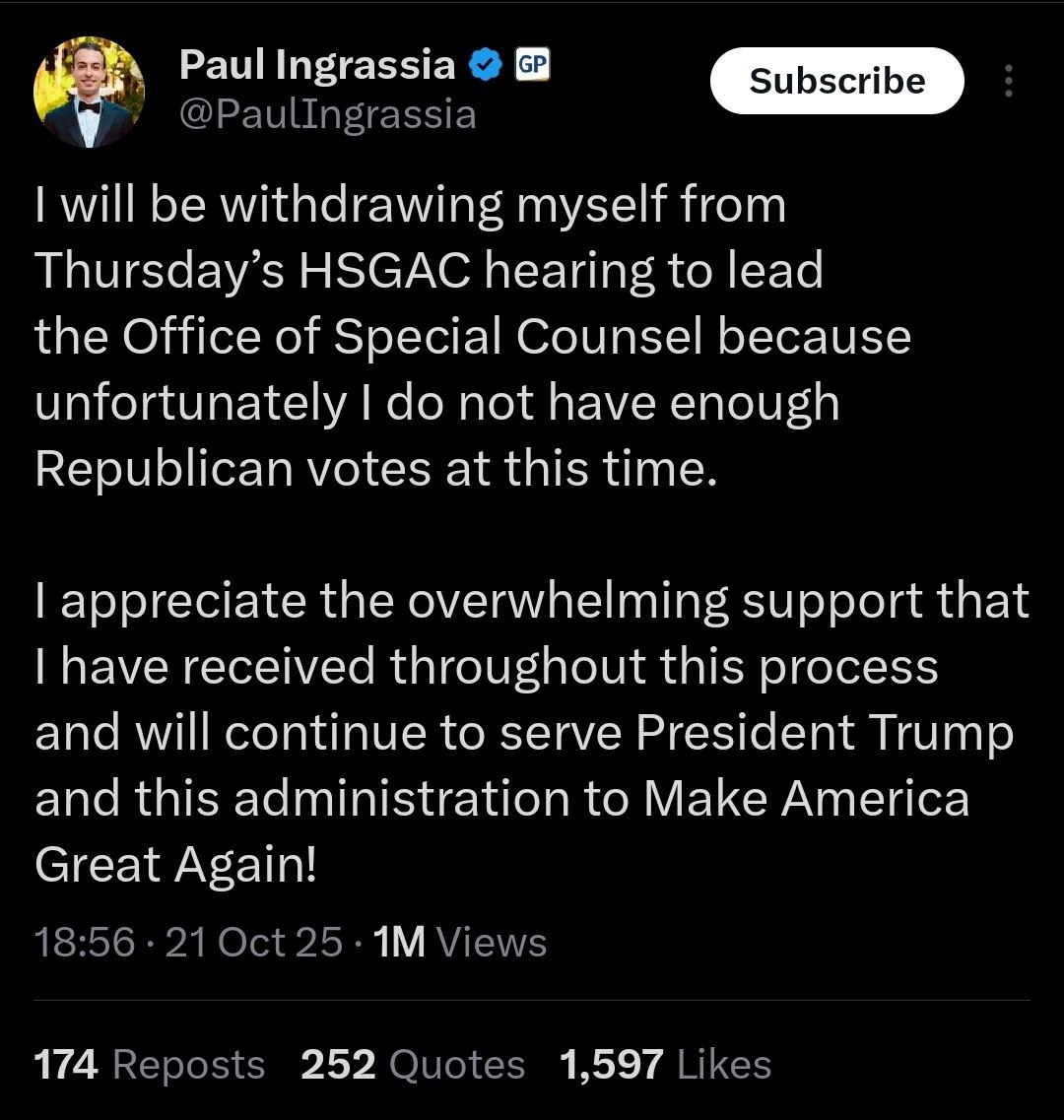 Кандидат на пост руководителя Офиса специального прокурора Paul Ingrassia снял свою кандидатуру после скандала с непрекращающимися расистскими комментариями Бывший кандидат отметил что ему не хватает голосов для утверждения в Сенате