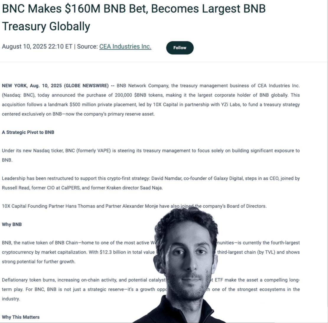 Компания BNB Network Company купила на свой баланс токены #BNB на $160,000,000 - релиз  Остаток свободных средств: $340,000,000  + еще $250m могут привлечь   Организаторы: 10X Capital и YZi Labs.  Глава компании – Дэвид Намдар, сооснователь Galaxy Digital.   Ранее компания называлась CEA Industries  с тикером VAPE , актуальный тикер на NASDAQ = BNC.    Crypto Chat   Exchange   ADS