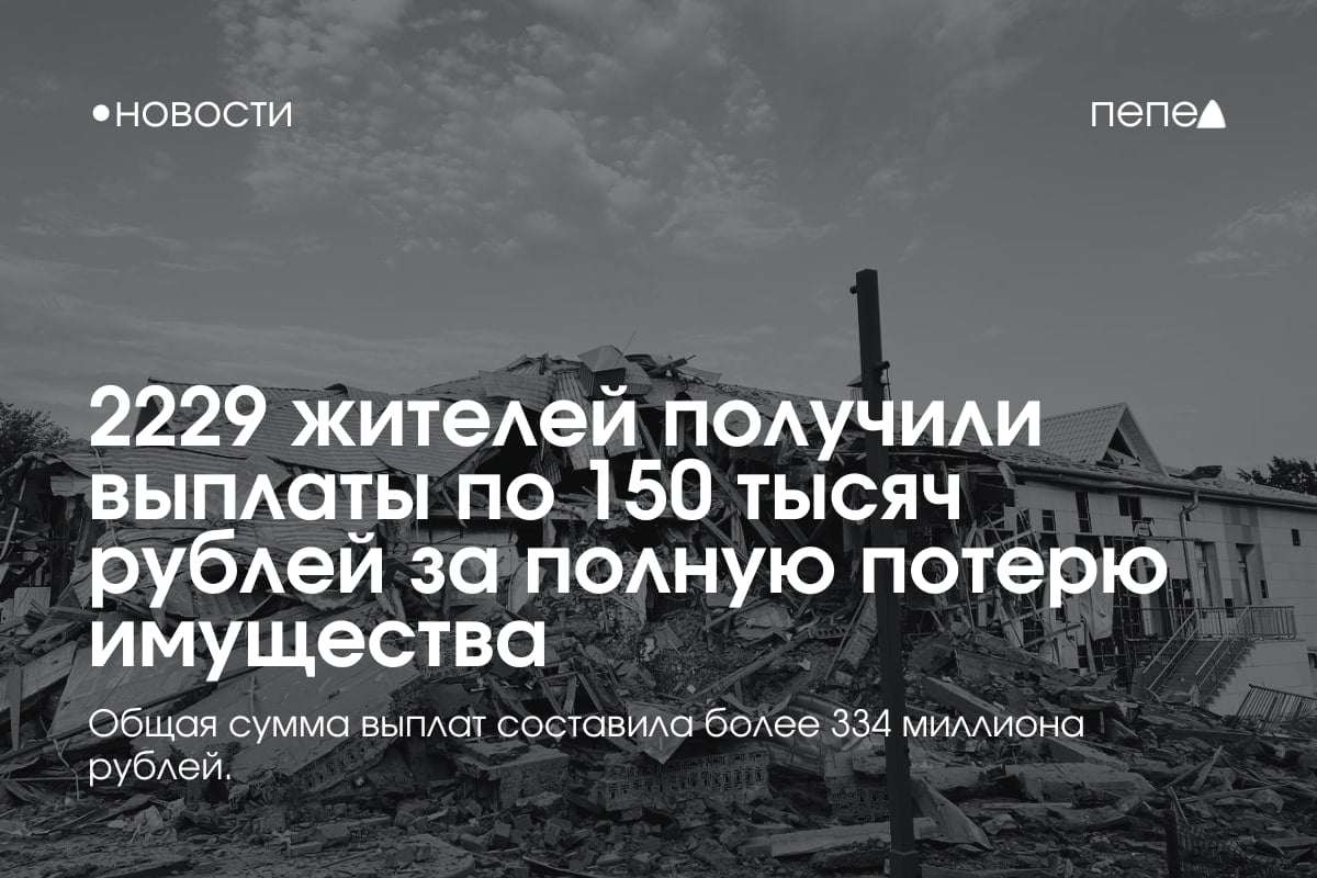 2229 жителей, потерявшие имущество из-за обстрелов, получили выплаты по 150 тысяч рублей.  Общая сумма выплат составила более 334 миллиона рублей. Средства получили жители шести приграничных муниципалитетов.  По словам министра соцзащиты Елены Батановой, на этой неделе единовременные выплаты от 15 тысяч до 150 тысяч рублей на сумму более 80 миллионов рублей должны получить ещё 1192 человека.  Ранее Правительство РФ направило 3,5 миллиарда рублей на оказание помощи жителям Белгородской области, которые потеряли имущество из-за обстрелов.