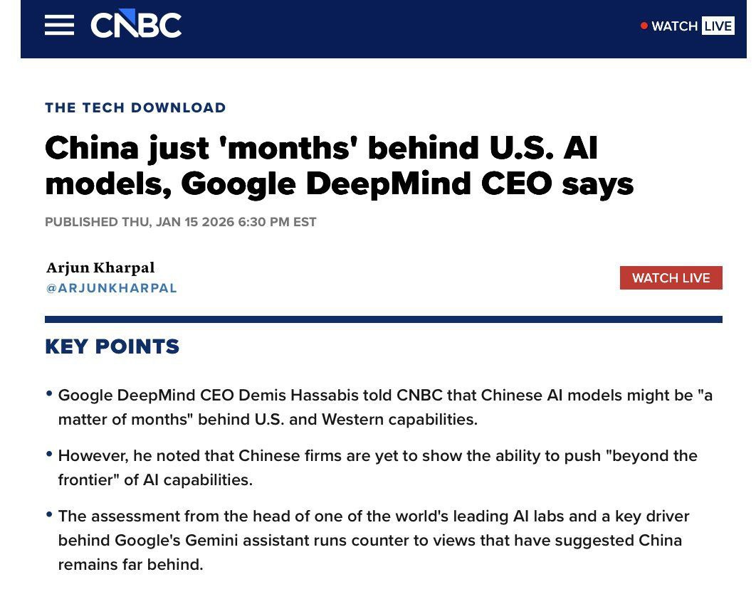 Модели искусственного интеллекта Китая могут отставать от возможностей США и Запада всего на несколько месяцев Китайские модели ИИ ближе к возможностям США и Запада чем мы думали год или два назад говорит гендиректор Google DeepMind Демис Хассабис banksta