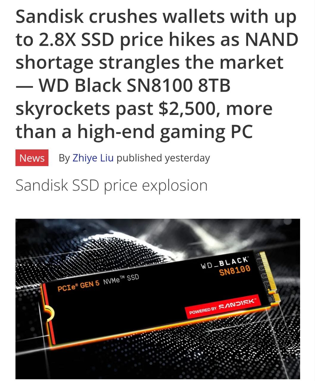 Цены на SSD улетели в КОСМОС SanDisk повысила цены и теперь память стоит дороже компа WD Black SN8100 на 8 ТБ подорожал до 2580 Пару месяцев назад за эти деньги можно было собрать мощный комп на Ryzen 9 и GeForce RTX 5080 всем кто откладывал апгрейд techmedia