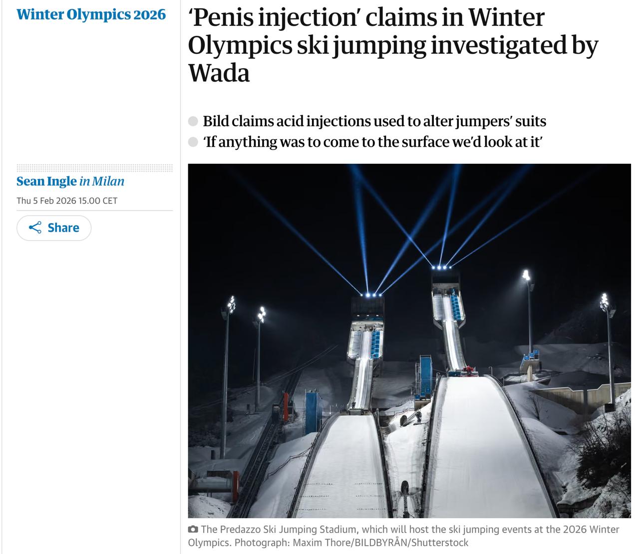 Всемирное антидопинговое агентство WADA расследует заявления об инъекциях в пенис олимпийскими прыгунами с трамплина для увеличения дальности прыжков сообщает The Guardian Ранее газета Bild рассказала что в этой среде ходят слухи о новом виде мошенничества инъекции гиалуроновой кислоты в пенис для его увеличения Таким образом увеличиваются костюмы что в свою очередь способствует дальности полета В прошлом году двое норвежских олимпийских медалистов были отстранены от соревнований на три месяца после того как выяснилось что команда тайно подправила швы своих костюмов в области промежности на чемпионате мира по лыжным видам спорта 2025 года Комбинезоны парашютистов увеличивались в размерах что следовательно снижало скорость их снижения из за увеличенного размаха крыльев Было установлено что каждые 2 см в окружности костюма уменьшают сопротивление воздуха увеличивают подъемную и увеличивает длину прыжка на 5 8 метра Сайт Страна X Twitter Прислать новость фото видео Реклама на канале Помощь