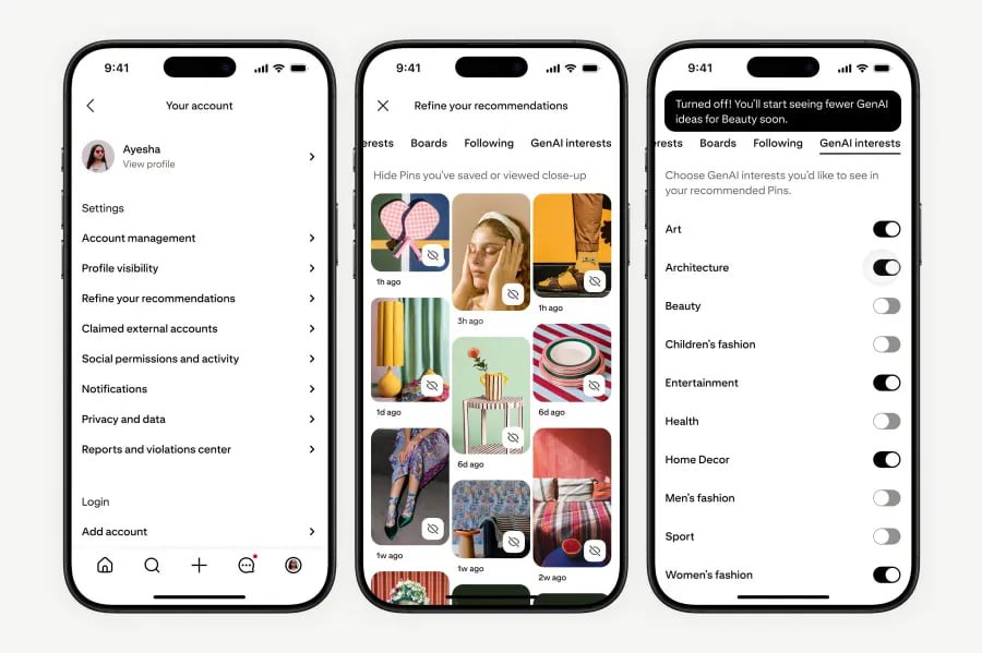 Pinterest разрешил не смотреть ИИ контент Теперь пользователи сервиса могут настроить свои ленты так чтобы ограничить показ изображений созданных с помощью ИИ в определенных категориях Компания также заявила что сделает существующие метки ИИ контента более заметными Pinterest отмечает что согласно научным исследованиям сгенерированный контент теперь составляет 57 всех онлайн материалов Поэтому пользователь должен иметь право создавать свой баланс между технологиями и человечностью Пожалуй лучший телеграм канал о маркетинге