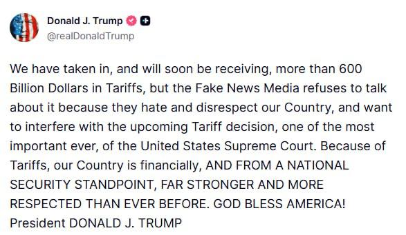 США уже получили и вскоре получат 600 млрд долларов поступлений от пошлин заявил Трамп Благодаря тарифам наша страна стала гораздо сильнее и в финансовом и в плане национальной безопасности и более уважаемой чем когда либо прежде написал он   Telegram MAX Читать эксклюзив