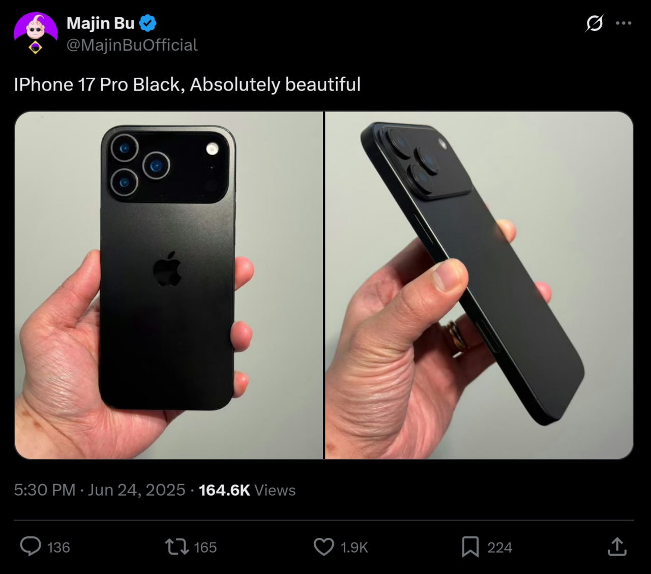 Появились новые фото iPhone 17 Pro — и, кажется, мы начинаем привыкать к его новому дизайну! Инсайдер Majin Bu выложил свежие снимки модели в чёрном цвете. Камерный блок теперь растянулся почти на всю ширину — выглядит необычно, но вполне стильно. Официальная презентация — уже в сентябре, а пока смотрим на утечки и обсуждаем. Как вам такой iPhone?