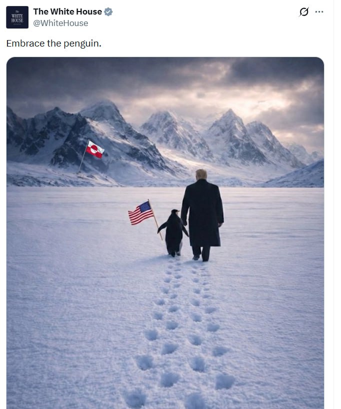 Белый дом на своей странице в X опубликовал коллаж под названием Обними пингвина На картинке Трамп и пингвин идут по заснеженной Гренландии Сейчас это один из самых вирусных мотивационных трендов в соцсетях Фраза символизирует упорство стойкость готовность к трудностям Она призывает не бояться быть не таким как все и не идти по проторенной дорожке Подпишись RogandarNEWs мы в MAX