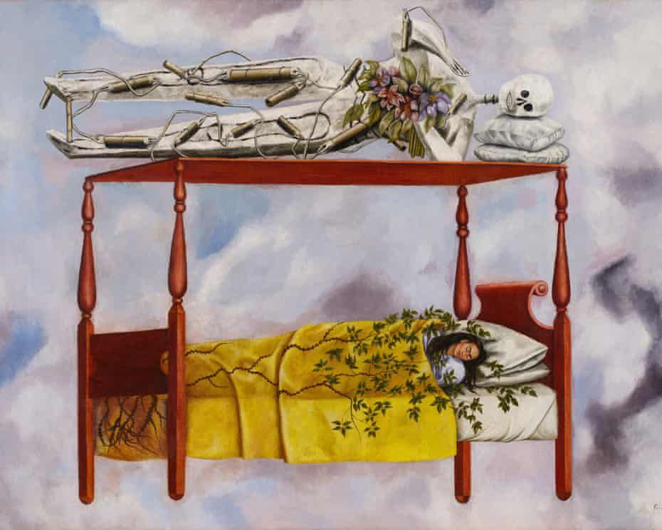 За максимальную для женщин художников сумму 54 7 млн долларов продан автопортрет Фриды Кало со скелетом Торги закрыли за 4 минуты на аукционе Sotheby s в Нью Йорке Картину приобрел неназванный покупатель Картина El sueño La cama то есть Сон написана в 1940 году На ней изображена сама Фрида Кало спящая в кровати а над ней улыбающийся скелет с цветами обмотанный динамитом В каталоге Sotheby s говорится что картина представляет собой призрачную медитацию на зыбкой границе между сном и смертью fontankaspb