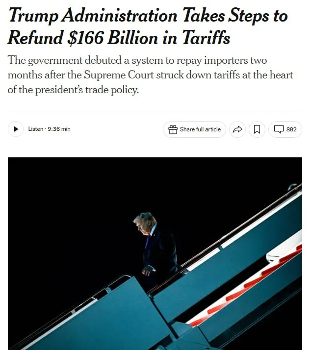 США начали возвращать 166 млрд тарифов введённых при Трампе The New York Times Речь идёт о пошлинах которые Верховный суд признал незаконными Иски на возврат уплаченных пошлин подали уже более 3 тыс компаний Деньги начнут поступать в течение 60 90 дней после одобрения заявок НАШИ РЕСУРСЫ Telegram Tik tok YouTube RUTUBE MAX