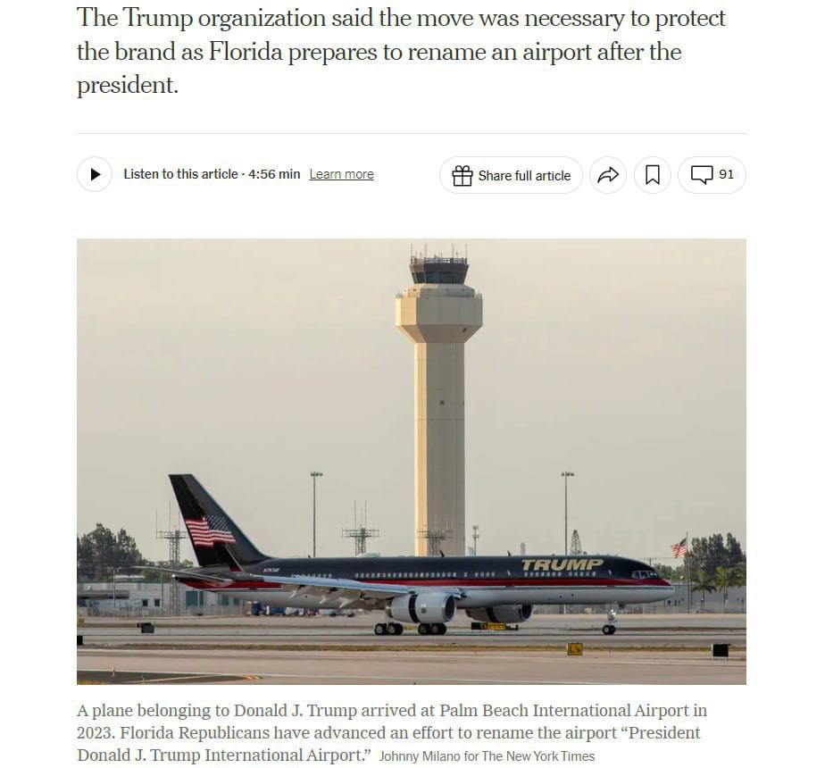 Международные аэропорты Палм Бич во Флориде и Даллес под Вашингтоном могут быть переименованы в честь Дональда Трампа сообщает The New York Times Trump Organization подала заявку в которой указано что вся продукция должна быть связана с Трампом включая багаж и товары для животных Компания заявила что не будет взимать плату за использование названия Трампа НАШИ РЕСУРСЫ Telegram Tik tok YouTube RUTUBE MAX