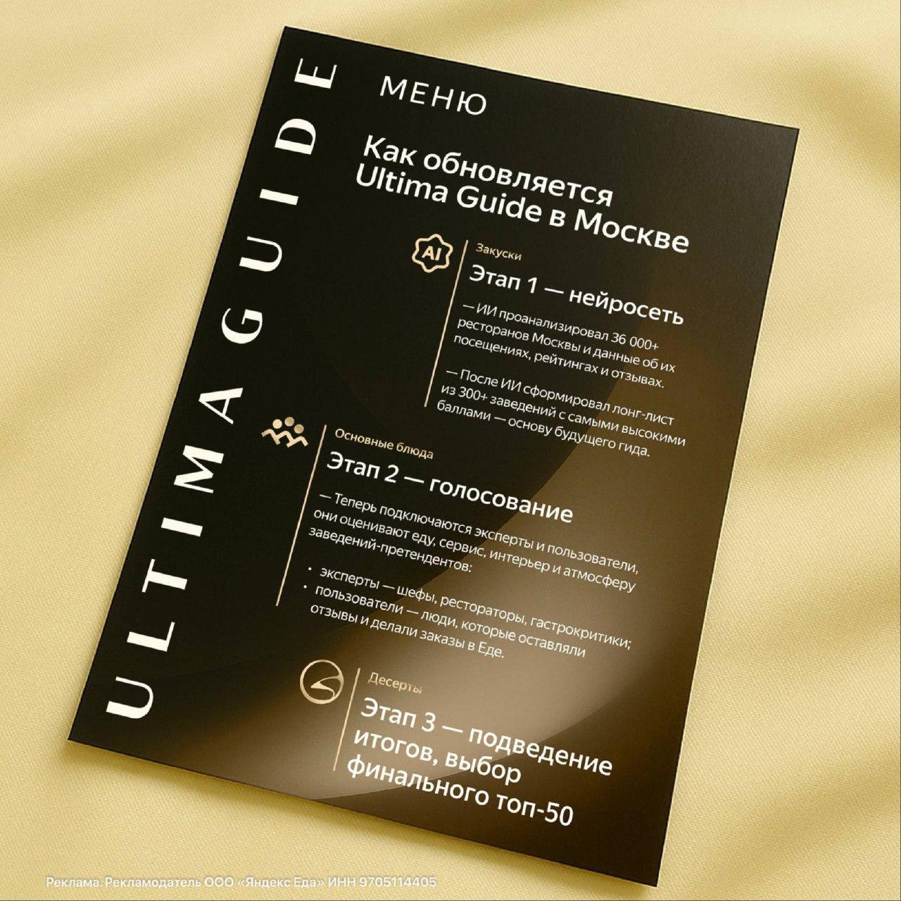 Яндекс Еда с помощью ИИ составила список претендентов на попадание в топ лучших заведений Москвы Ultima Guide Яндекс Еды это первый ресторанный гид который создается с помощью искусственного интеллекта На первом этапе нейросеть проанализировала около 30 тысяч кафе и ресторанов учитывая более ста различных критериев в том числе рейтинги отзывы и упоминания в медиа На обработку такого количества данных вручную потребовались бы месяцы ИИ же справился за часы В лонг лист претендентов вошли 360 заведений разных концепций и ценовых категорий Среди них перуанский Olluco северный Bjorn Субботица Чайхона Butovo Grill Дача на Николиной горе Sugar Bistro Пушкинъ и многие другие Сейчас проходит второй этап за заведения из списка голосуют гастроэксперты и пользователи сервисов Яндекса Они оценивают вкус атмосферу меню и дизайн чтобы определить кто попадёт в финальную версию гида Методология голосования разработана совместно с компанией Яков и Партнёры Обновлённый Ultima Guide по Москве выйдет в январе 2026 года а полный список претендентов уже на сайте проекта Реклама Рекламодатель ООО Яндекс Еда ИНН 9705114405
