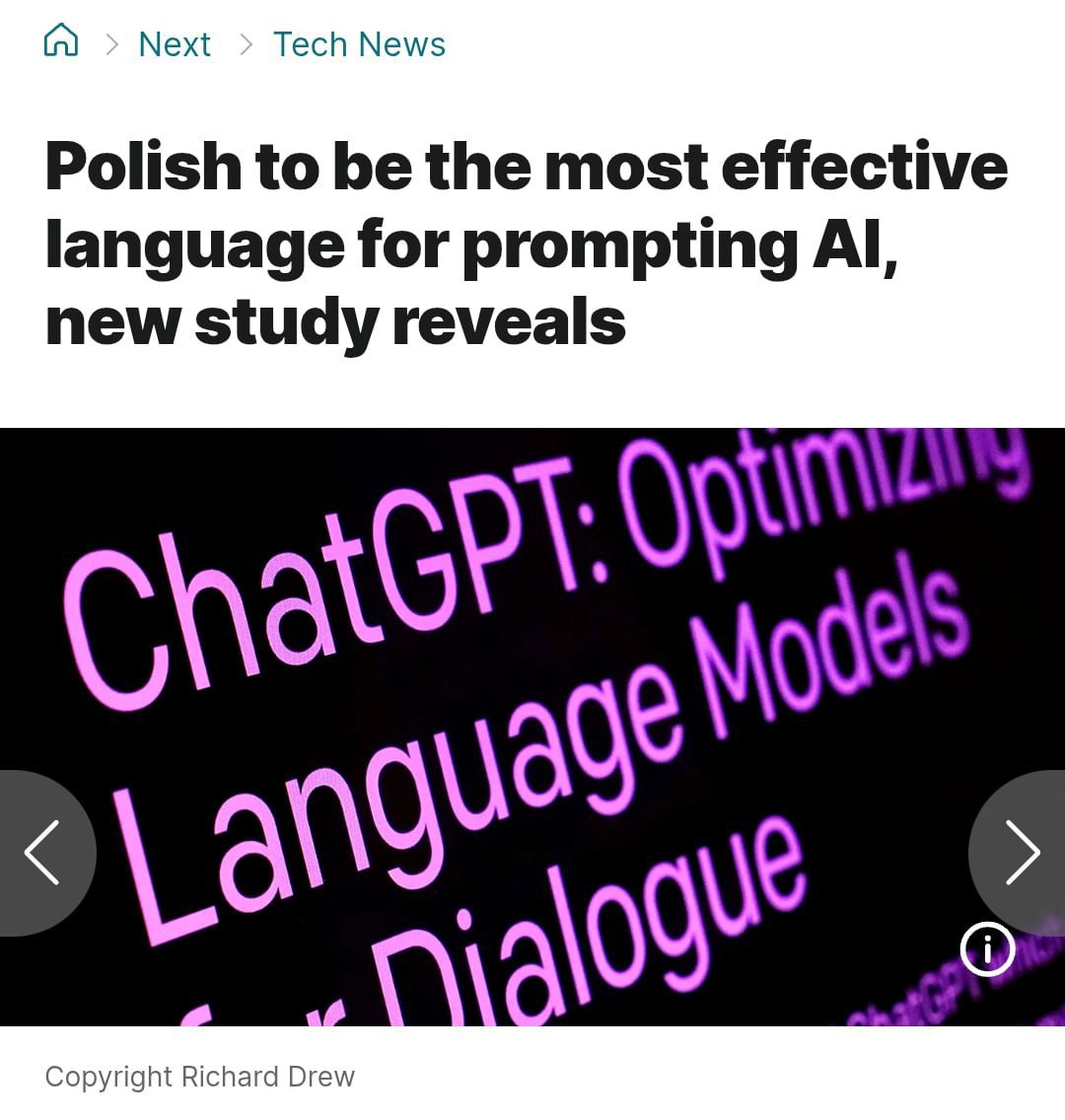 Исследователи из университета Мэриленда прогнало крупные модели ChatGPT Gemini Qwen Llama и DeepSeek по 26 языкам Польский внезапно оказался первым с точностью около 88 обойдя остальных и став самым эффективным языком для управления ИИ Нейросети на польском понимают команды точнее и выполняют запросы правильнее чем на английском и других языках Подписывайся на ГлавХак YouFast VPN AML бот Шерлок