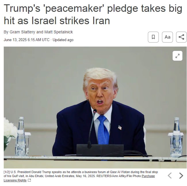Обещание Трампа стать «миротворцем» сильно пострадало из-за удара Израиля по Ирану — Reuters Во время предвыборной кампании Трамп обещал положить конец самым острым конфликтам в мире и установить глобальный мир, но спустя почти пять месяцев, когда Израиль напал на Иран, а кровопролитие в Газе и на Украине не прекратилось, эти надежды рухнули. Читать далее