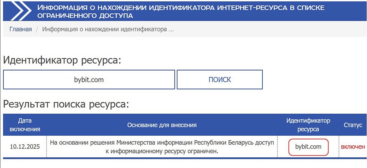 В Беларуси заблокировали криптобиржи ByBit Bitget и OKX Республиканское унитарное предприятие по надзору за электросвязью БелГИЭ включило площадки в стоп лист Причины блокировки пока не объяснили vc ru crypto 2643698