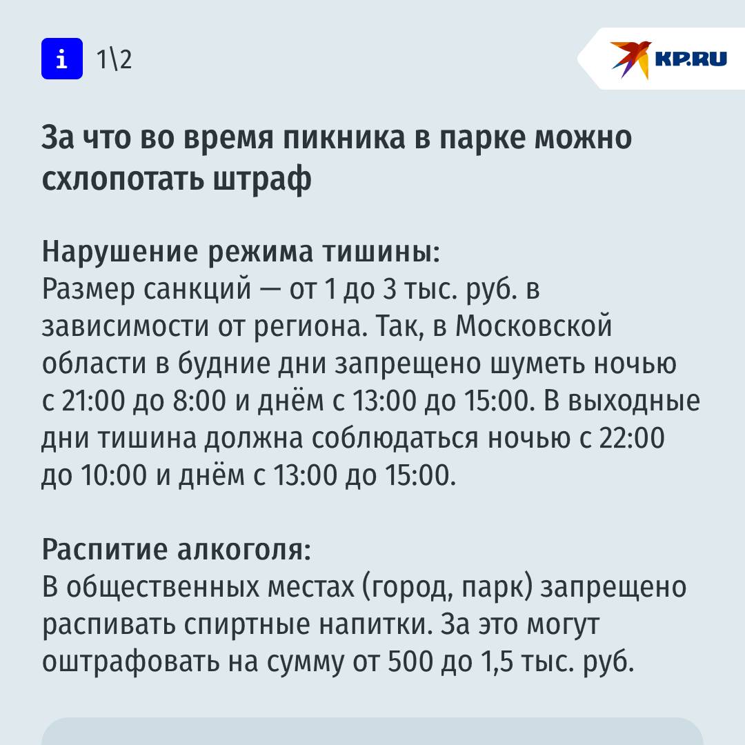 Россиян предупредили о штрафах на пикниках за шум, алкоголь и риск пожара О частых нарушениях, за которые можно получить штраф во время отдыха в городской черте или на территории СНТ рассказал заслуженный юрист России Иван Соловьев. Подробнее - в наших карточках