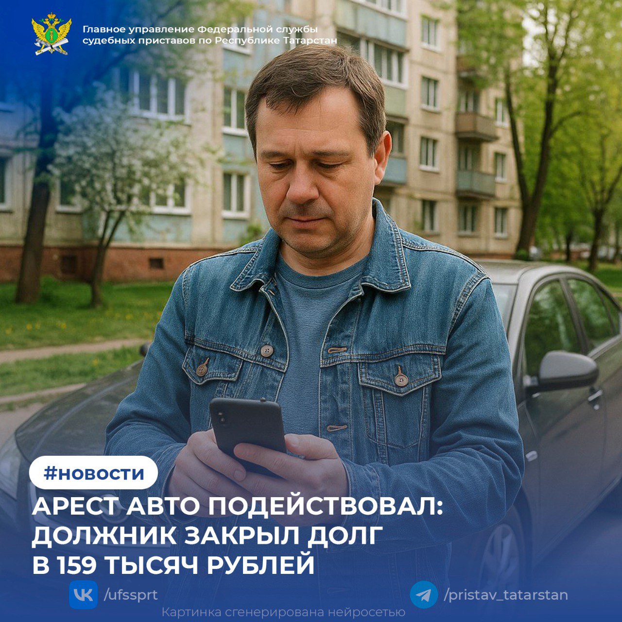 Арест авто подействовал: должник закрыл долг в 159 тысяч рублей В Алексеевском муниципальном районе судебные приставы осуществили выезд к должнику, задолжавшего ресурсоснабжающей организации 159 тысяч рублей. Цель визита — проверка имущественного положения и арест автомобиля. Испугавшись потери транспортного средства, должник оперативно оплатил весь долг через личный кабинет и предъявил квитанцию об оплате. Не устанем напоминать о том, что важно проверять свой личный кабинет портала Госуслуг. Там вы сможете увидеть уведомление о задолженности и оплатить долги, не дожидаясь арестов имущества. 1 2 3 4 5 6 7