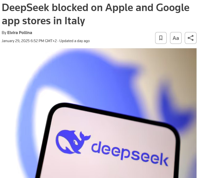 Италия заблокировала китайский чат-бот DeepSeek, сообщает Reuters.  DeepSeek заблокирован в магазинах приложений Apple и Google.  Блокировка произошла после того, как местные власти решили выяснить, как именно DeepSeek использует персональные данные пользователей. Регулятор требует объяснений относительно того, какие данные собираются, с какой целью и хранятся ли они в Китае.  Компании, связанные с DeepSeek, должны предоставить ответ на запросы итальянского надзорного органа до 17 февраля. Если будет выявлено нарушение законов о конфиденциальности, чат-боту могут грозить серьезные штрафы или ограничения.  Ранее мы писали, что презентация DeepSeek обрушила акции западных техно-гигантов.  Сайт "Страна"   X/Twitter   Прислать новость/фото/видео   Реклама на канале   Помощь